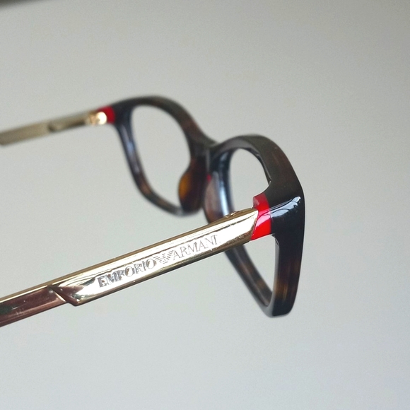 Emporio Armani Tortoise Shell Brown Trim Eye Glass Cat Frames Brass & Red Tips - Picture 5 of 16